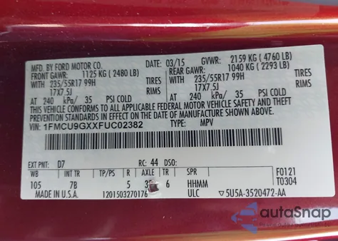 2015 Ford Escape Se из США, поврежденный, VIN 1FMCU9GXXFUC02382